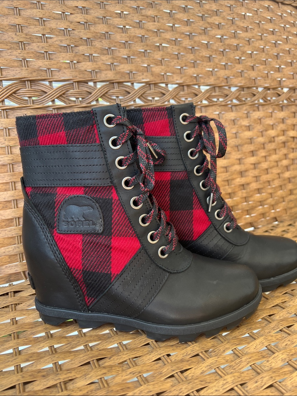 Sorel Women's Red and Black Plaid Lace-Up Ankle Boots